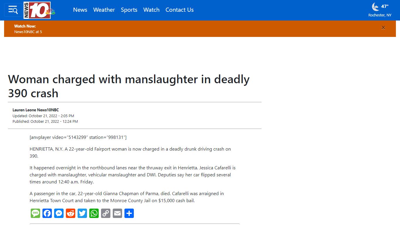 Woman charged with manslaughter in deadly 390 crash - WHEC.com - News10NBC